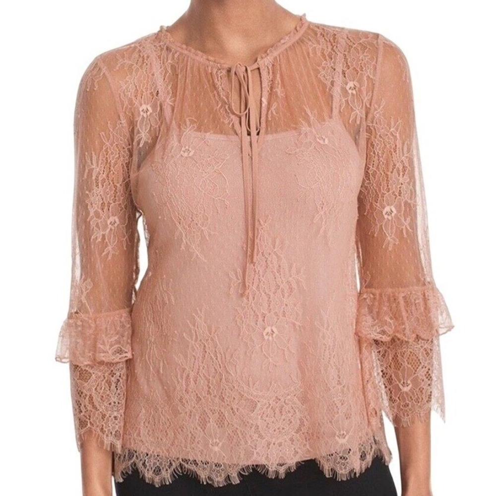WHITE HOUSE BLACK MARKET Soft Pink Sheer Lace Tie Neck Shell With Tank EUC XS